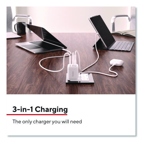 GaN USB-A/USB-C Wall Charger with Cable, 65 W, 3 Ports, White