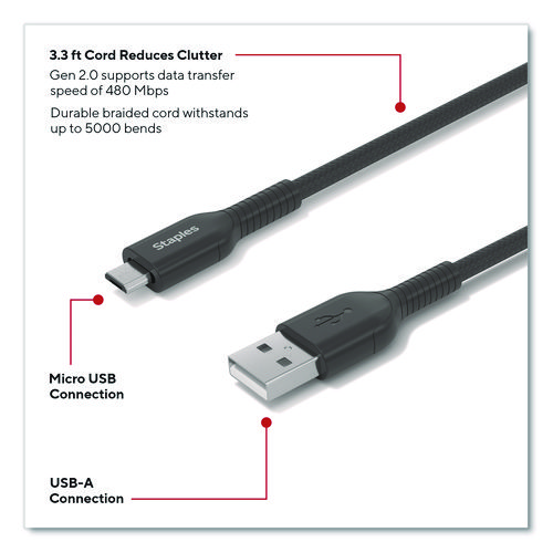 Micro USB to USB-A 2.0 Charging Cable, 3.3 ft, Black