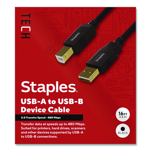 TECH USB-A to USB-B 2.0 Cable, 16 ft, Black