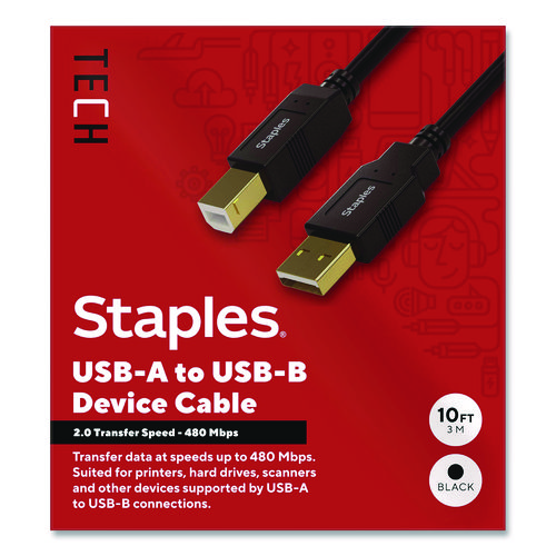 TECH USB-A to USB-B 2.0 Cable, 10 ft, Black