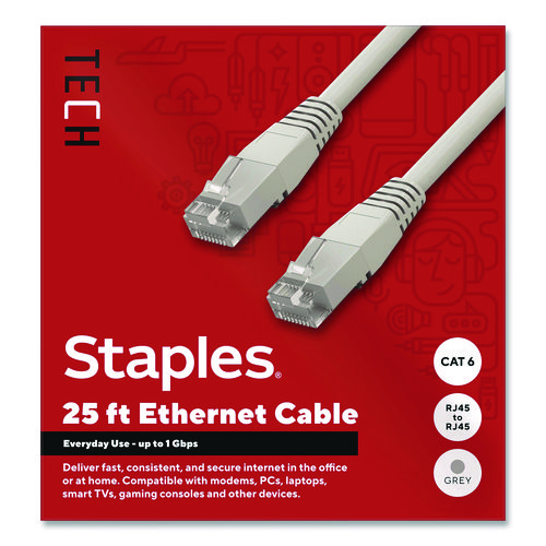 TECH CAT6 Ethernet Cable, 25 ft, Gray