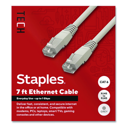 TECH CAT6 Ethernet Cable, 7 ft, Gray