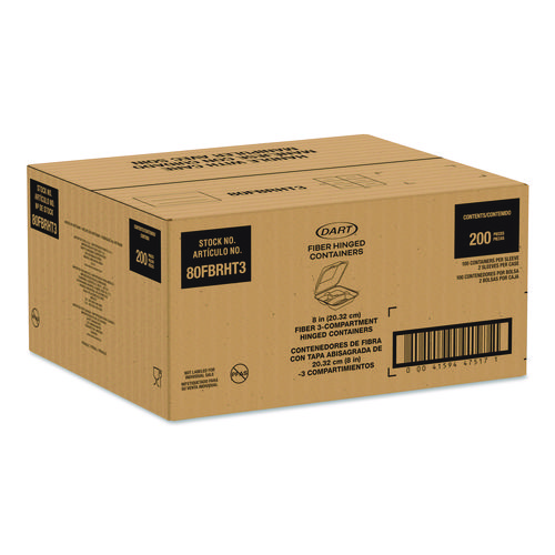 Image of Compostable Molded Fiber Hinged Trays, ProPlanet Seal, 3 Compartments, 8.65 x 7.94 x 2.98, Natural, 200/Carton