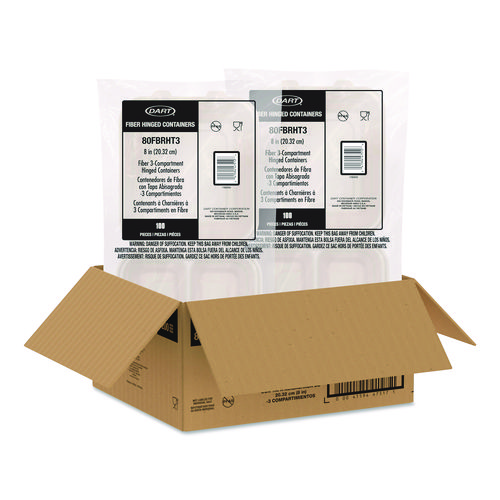 Compostable Molded Fiber Hinged Trays, ProPlanet Seal, 3 Compartments, 8.65 x 7.94 x 2.98, Natural, 200/Carton