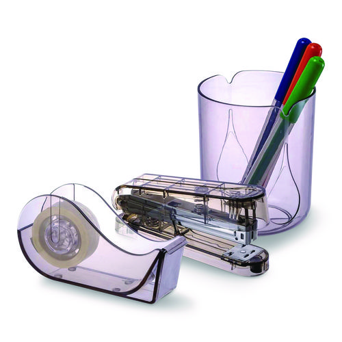 Three-Piece Desk Set, Stapler, Tape Dispenser with Tape, Pencil Cup