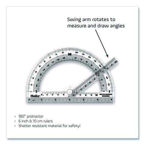 180 Degree Shatter Resistant Swing Arm Protractor, 6" Ruler Edge/10 cm Ruler Edge, Plastic, Randomly Assorted Color
