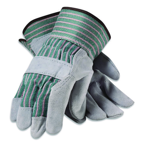 Bronze Series Leather/Fabric Work Gloves, Medium (Size 8), Gray/Green, 12 Pairs