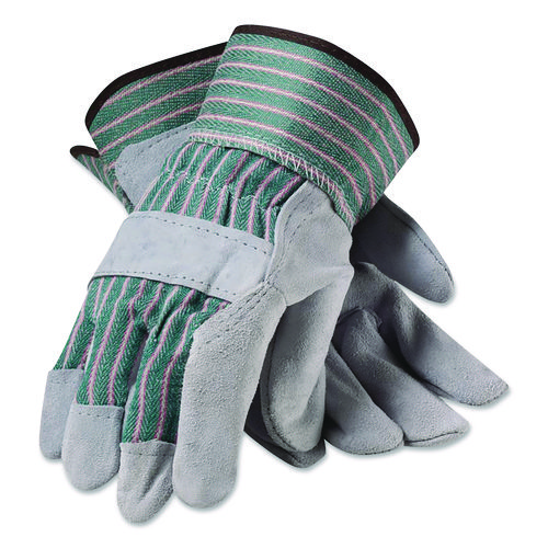 Bronze Series Leather/Fabric Work Gloves, Small (Size 7), Gray/Green, 12 Pairs