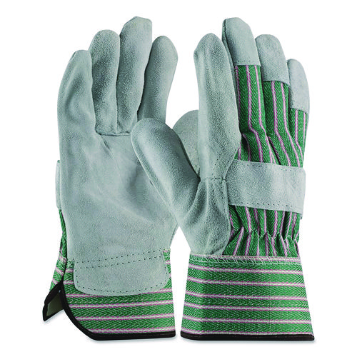 Bronze Series Leather/Fabric Work Gloves, Small (Size 7), Gray/Green, 12 Pairs