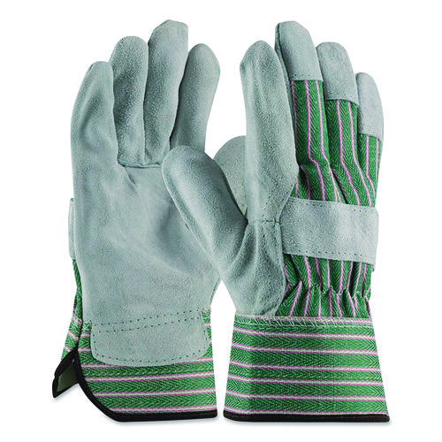 Bronze Series Leather/Fabric Work Gloves, X-Large (Size 10), Gray/Green, 12 Pairs