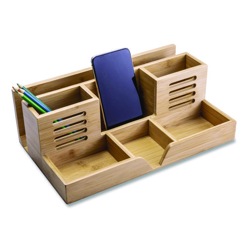 Bamboo Desk Organizer, 7 Compartments, 14.09 x 8.62 x 5.28, Natural Wood Grain, Bamboo