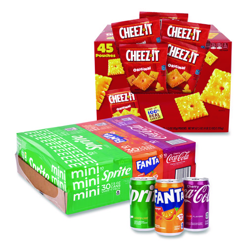 Soda Mini Variety and Cheez-It Combo Pack, (30) 7.5 oz Cans Assorted Flavors, (45) 1.5 oz Pouch Original Cheez-It/Bundle