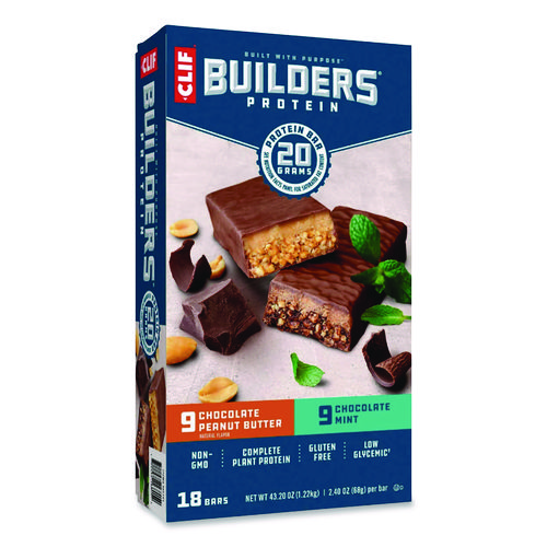 Image of CLIF® Bar Builders Protein Bar, Chocolate Mint/Chocolate Peanut Butter, 2.4 oz Bar, 18 Bars/Box