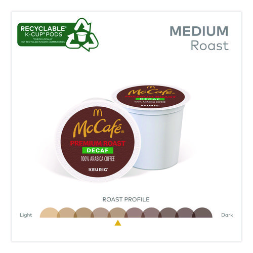 GMT7467 - Enjoy the café McCafe® experience at work or on-the-go with the rich aroma and delicious taste of this 100% Arabica coffee. Beverage Type: Decaffeinated Coffee; Flavor: Premium Roast Decaf; Roast Type: Medium; Product Packaging: K-Cup®.