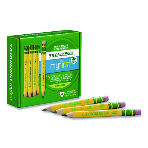 My First Short Pencil with Eraser, 3.6 mm, HB (#2), Black Lead/Yellow Barrel, 36/Pack