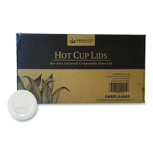 Plant to Plastic Fully Closed PLA Hot Cup Lid, Fits 8 oz to 20 oz Hot Cups, Plastic, White, 50/Pack, 20 Packs/Carton