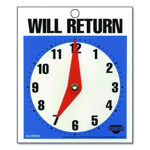 Double-Sided Open/Will Return Sign with Clock Hands, Plastic, 7.5 x 9