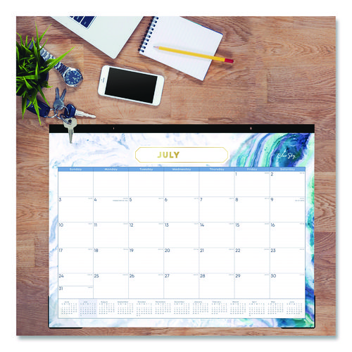 Image of Blue Sky® Gemma Academic Year Desk Pad Calendar, Geode Artwork, 22 x 17, White/Blue/Green Sheets, 12-Month (July to June): 2024 to 2025
