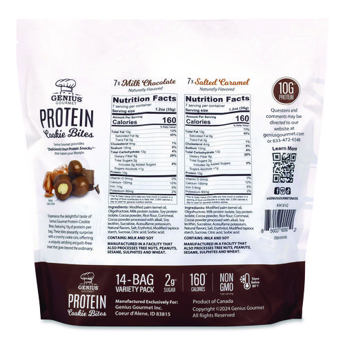 GRR22002521 - Perfect for anyone looking for healthy protein snacks that taste like a treat. Ditch the protein shake and reach for Genius Gourmet's Milk Chocolate and Salted Caramel Protein Cookie Bites! With 10 g of protein, 0 g added sugar, and non-GMO ingredients, satisfy your sweet cravings with these protein sweets. Food Type: Candy; Flavor: (7) Milk Chocolate; (7) Salted Caramel; Capacity (Weight): 1.2 oz; Sugar Free: No.