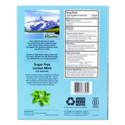 Sugar-Free Lemon Mint Herb Throat Drops, 65/Bag, 2 Bags/Pack