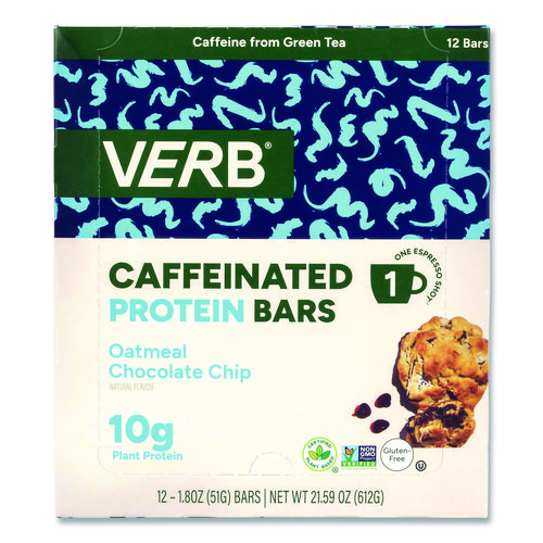Caffeinated Protein Bar, Oatmeal Chocolate Chip, 1.8 oz Bar, 12/Box