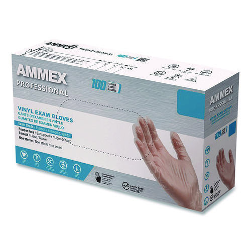 Vinyl Exam Gloves, Powder-Free, Medium, Clear, 100/Box