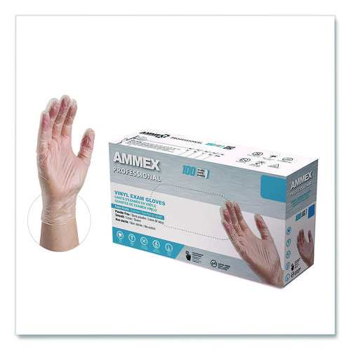 Vinyl Exam Gloves, Powder-Free, Medium, Clear, 100/Box