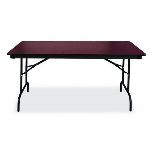 ICE55224 - Wear-resistant, 3/4" thick melamine top with vinyl T-mold edge. Melamine sealed underside helps prevent moisture absorption. Full perimeter steel skirt support with plastic corners to protect surface when stacking. 1" diameter, heavy gauge steel legs with heavy-duty foot caps to protect floors. Heavy-duty leg supports and gravity leg lock for secure set-up. Folds to 2-1/2" for compact storage. Top Color: Mahogany; Color Family: Mahogany; Base Color: Brown; Top Shape: Rectangular.