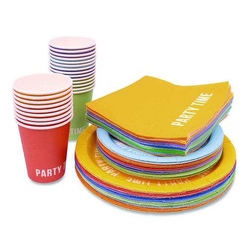 Birthday Tableware Pack, 24 Cups, 24 Dessert Plates, 24 Dinner Plates, 48 Paper Napkins, Assorted Colors, 120 Pieces/Kit