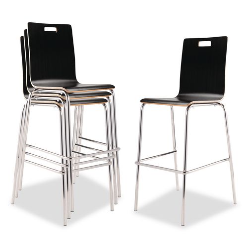 Bushwick Series Bentwood Stool, Supports Up to 500 lb, 30" Seat Height, Black Seat, Black Back, Chrome Base, 4/Pack