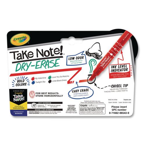 Take Note Dry Erase Markers, Chisel Tip, Assorted Colors, 4/Set