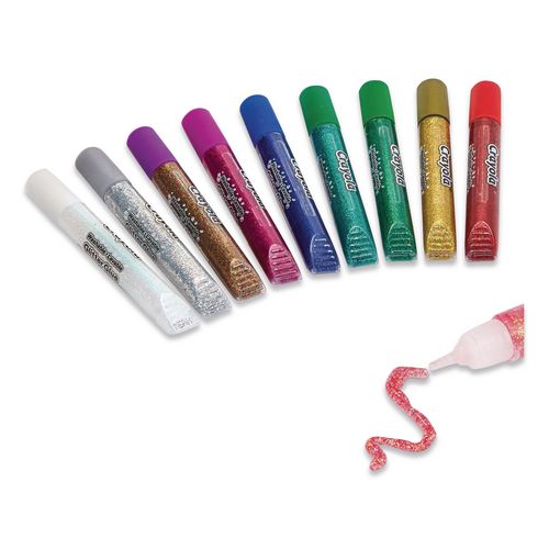 CYO693527 - Crayola Glitter Glue is a dazzling, decorative glue in a variety of sparkling colors! It's perfect for crafts, scrapbooking, school projects, and much more. Parents like it because it's safe, nontoxic, and washes from most washable clothing. This 9ct set gives kids a great color variety that's perfect for everything from seasonal crafts to everyday creative projects. Glitter glues are an essential craft supply for craft rooms and classrooms, bringing a smile to kids of all ages. This Glitter Glue set features 9 washable assorted colors including Red, Gold, Green, Blue, Blue Green, Pink, White, Silver, and Purple. Add a little pizazz to your next creative project! Adhesive Type: Liquid; Product Packaging: Tube; Washable/Removable: Yes; Color on Application: Blue; Copper; Dark Green; Dark Pink; Gold; Red; Silver; Turquoise; White/Clear.