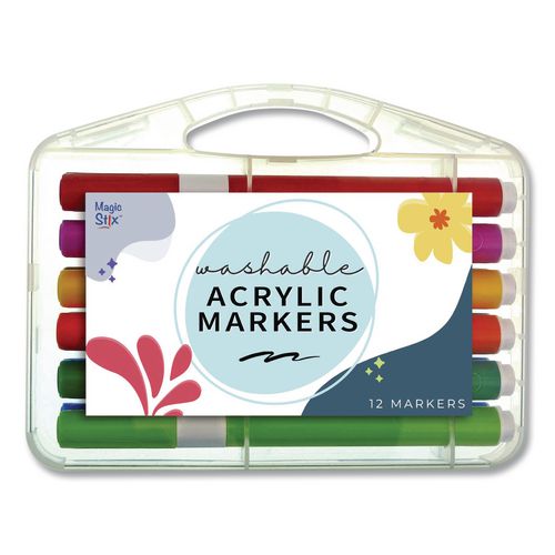 Washable Acrylic Markers, Fine Bullet Tip, Assorted Colors, 12/Pack