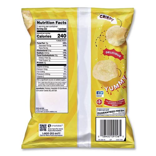 LAYFRI44359 - Classic potato chips are still made from just three ingredients: potatoes, oil and salt. Quality taste begins with farm-grown potatoes. Gluten-free. Food Type: Chips; Flavor: Classic; Capacity (Weight): 1.5 oz; Product Packaging: Bag.