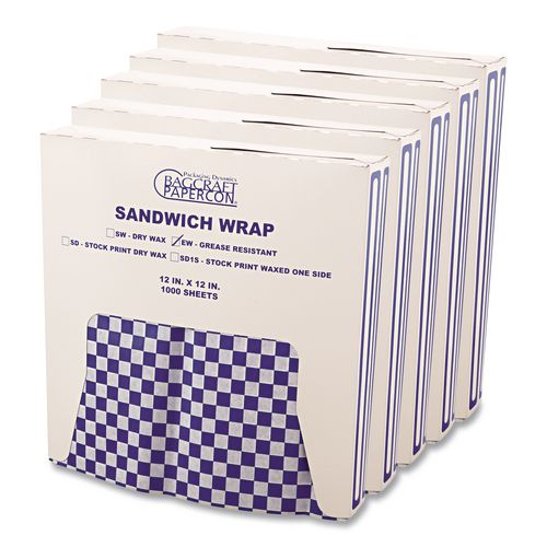 Grease-Resistant Paper Wraps and Liners, 12 x 12, Blue Check, 1,000/Box, 5 Boxes/Carton
