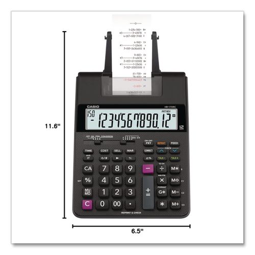 CSOHR170RC - This desktop printing calculator prints 2.0 lines per second with two-color printing and Cost/Sell/Margin functionality. Check and correct up to 150 steps and print after correction. Clock and calendar function prints time and date. Power Source(s): AC; Display Notation: Numeric; Number of Display Digits: 12; Calculators Memory: 4-Key.