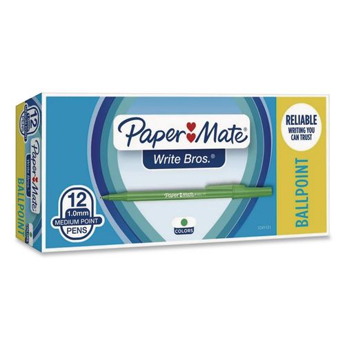 Write Bros. Ballpoint Pen, Stick, Medium 1 mm, Green Ink, Green Barrel, Dozen