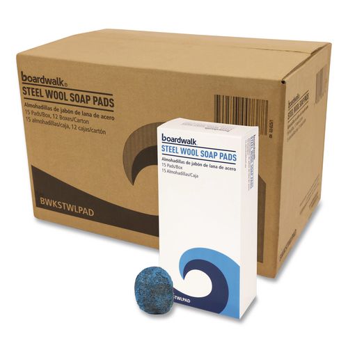Steel Wool Soap Pads, 3" x 2.5", Blue, 15 Pads/Box, 12 Boxes/Carton