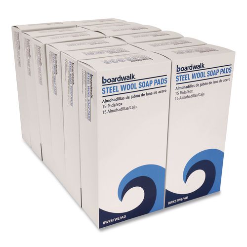 Steel Wool Soap Pads, 3" x 2.5", Blue, 15 Pads/Box, 12 Boxes/Carton
