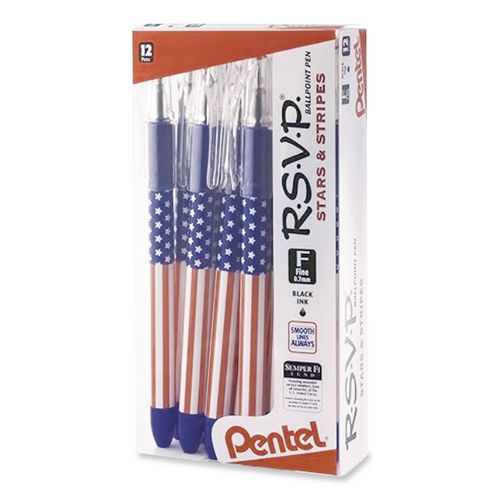 R.S.V.P. Stars and Stripes Ballpoint Pen, Stick, Fine 0.7 mm, Black Ink, Red/White/Blue Barrel, Dozen