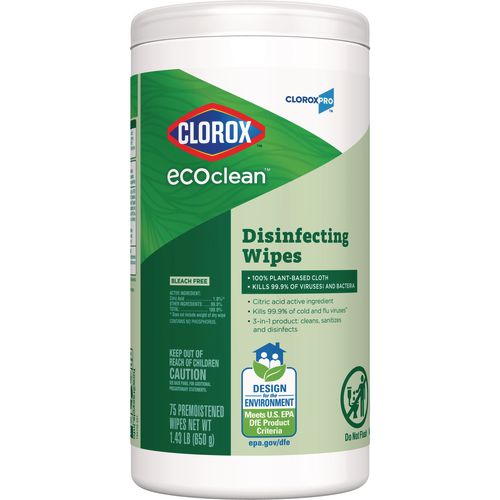 CloroxPro EcoClean Disinfecting Wipes, 1-Ply, 7 x 8, Unscented, White, 3/Carton