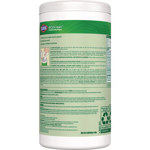 CloroxPro EcoClean Disinfecting Wipes, 1-Ply, 7 x 8, Unscented, White, 3/Carton
