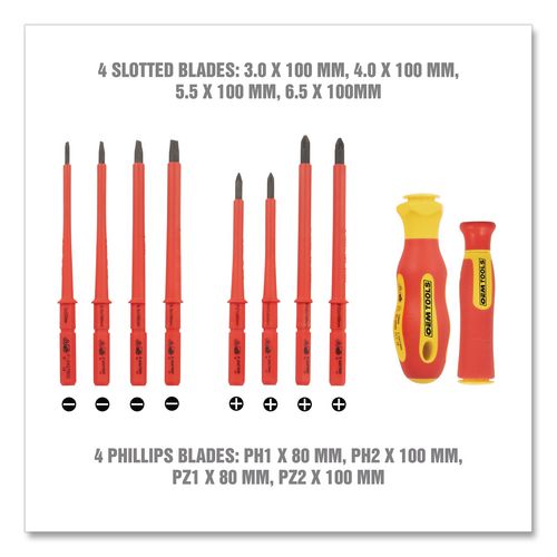 Insulated 10-Piece Interchangeable Bit Screwdriver Set, Metric Phillips and Slotted Blade Bits, Orange/Yellow Handle