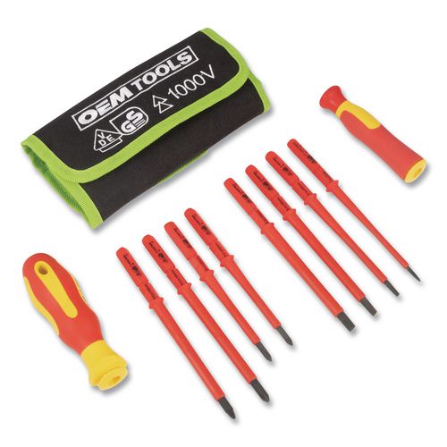 Insulated 10-Piece Interchangeable Bit Screwdriver Set, Metric Phillips and Slotted Blade Bits, Orange/Yellow Handle