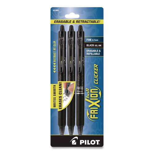 FriXion Ball Clicker Erasable Gel Pen, Retractable, Fine 0.7 mm, Black Ink, Black Barrel, 3/Pack