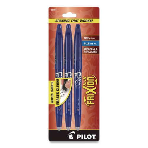 FriXion Ball Erasable Gel Pen, Stick, Fine 0.7 mm, Blue Ink, Blue Barrel, 3/Pack