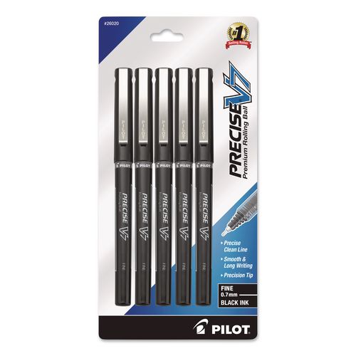 Precise V7 RollerBall Pen, Stick, Fine 0.7 mm, Black Ink, Black/Clear Barrel, 5/Pack