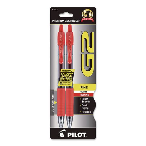 G2 Premium Gel Pen, Retractable, Fine 0.7 mm, Red Ink, Smoke/Red Barrel, 2/Pack