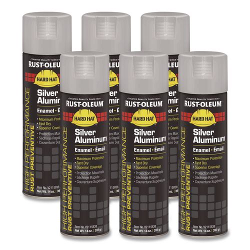 Hard Hat High Performance V2100 System Rust Preventive Enamel Spray Paint, Gloss Silver Aluminum, 15 oz Aerosol Can, 6/Carton