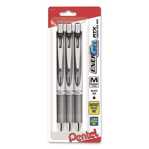 EnerGel RTX Gel Pen, Retractable. Medium 0.7 mm, Black Ink, Black/Gray Barrel, 3/Pack